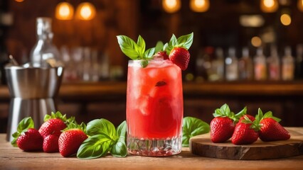 Refreshing strawberry cocktail with ice, garnished with fresh strawberries and basil leaves on a wooden bar counter with copy space, ideal for summer drinks, ads, cocktail bars, drink menus, blogs