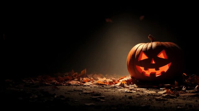 Spooky Halloween jack-o-lantern glowing in dark with falling autumn leaves. Scary pumpkin head for autumn night holiday footage.