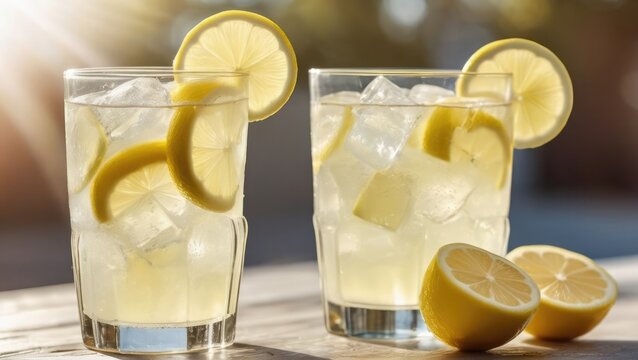 Two glasses of cold lemonade with ice cubes and lemon slices sparkling in sunlight. Refreshing summer drink concept. Ideal for poster, advertisement, menu, social media design, cafe, blogs, packaging