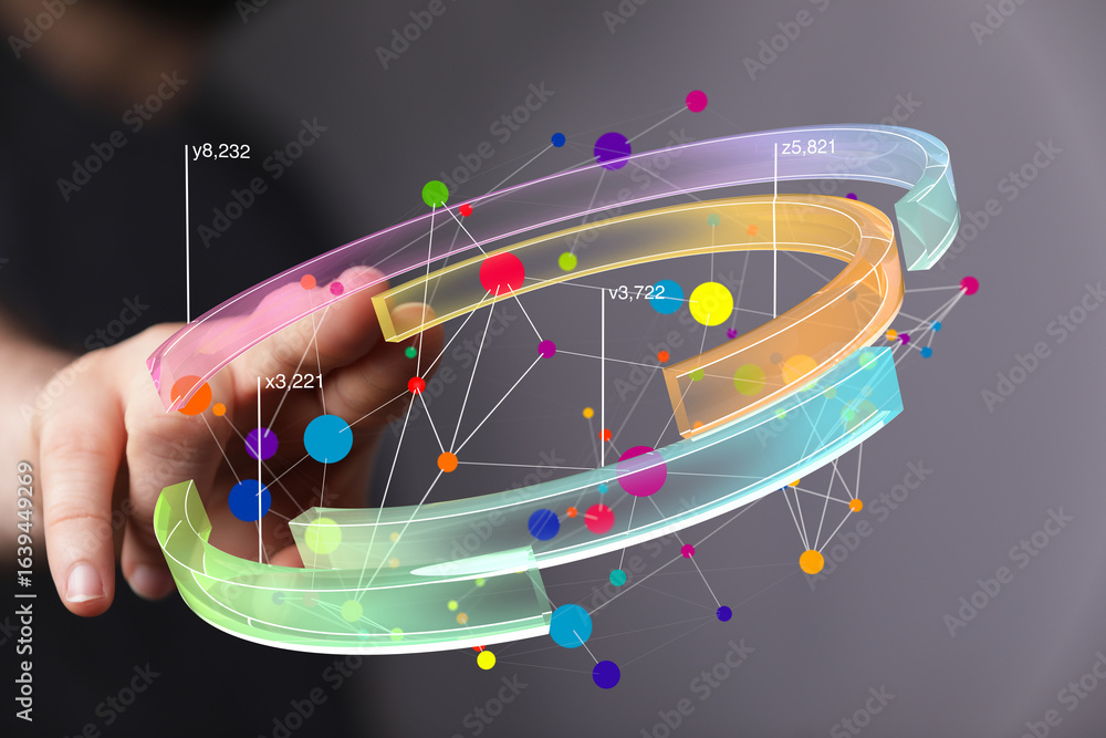 Poster abstract image of a hand interacting with a 3d data visualization. perfect for technology, analytics