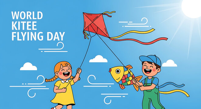 World Kite Flying Day illustration with happy children flying colorful kites in the blue sky. A joyful outdoor activity and hobby for kids. - Powered by Adobe