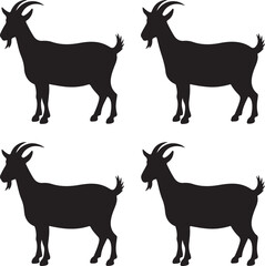 Four Black Silhouettes Of Goats Standing On White Background animal farm