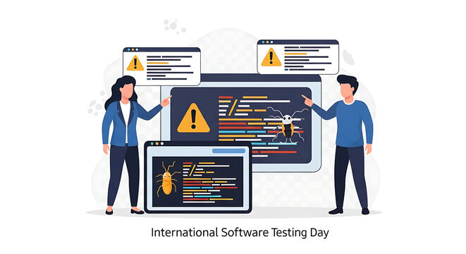 IT specialists perform software testing and debugging. Vector illustration of quality assurance engineers finding bugs.