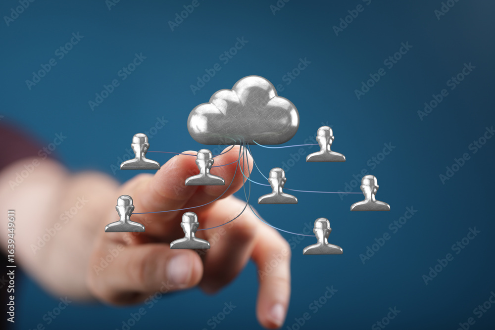 Poster image depicting a hand interacting with a cloud network, showing secure data sharing and collaborati