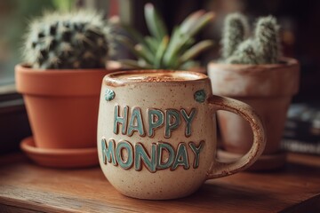happy monday ceramic coffee mug with potted plants and sarcasm