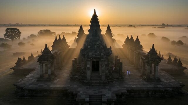 Sunrise at Prambanan Temple Java Indonesia shrouded in mist.