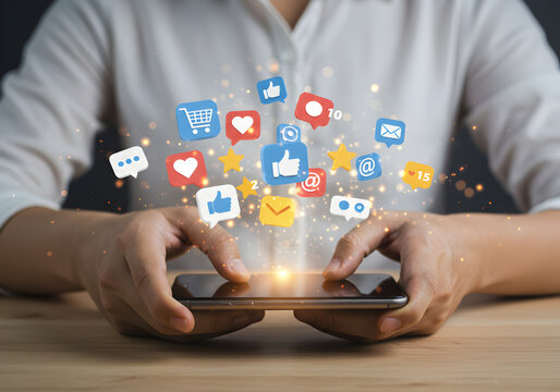 A person holds a smartphone with a cloud of glowing social media icons like 'like,' 'heart,' and 'shopping cart' emerging from the screen. This represents digital marketing, social media engagement, a