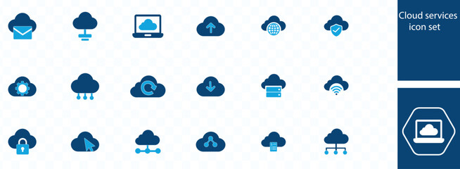 Cloud services icon set. Cloud computing, storage, hosting, sync, data transfer, cloud server, network, online, SAAS, digital and more.