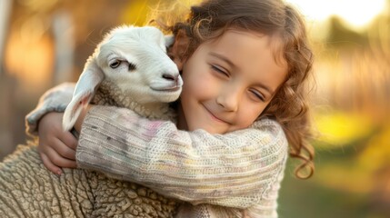 Child embracing lamb in autumn park for World farm animals day celebration