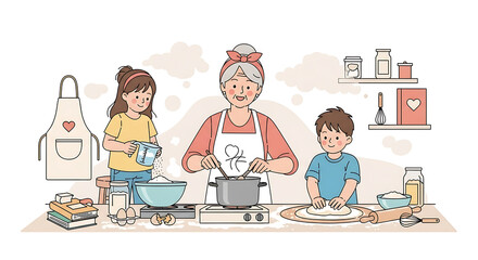 Joyful grandmother teaching her grandchildren to cook. A heartwarming family scene of bonding and learning culinary skills together in the kitchen.