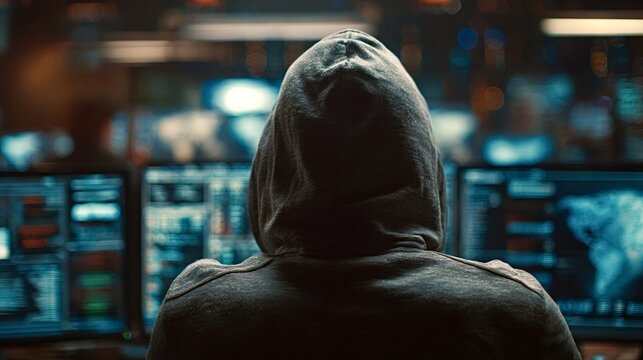 Computer programmer wearing a hoodie is working on multiple computer screens showing various data and a world map, possibly performing a network attack or preparing a cybercrime