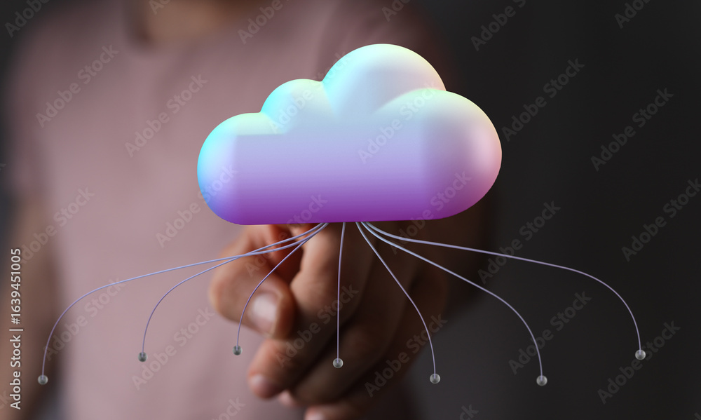 Aufkleber image depicting a hand interacting with a cloud computing network, symbolizing secure data storage a