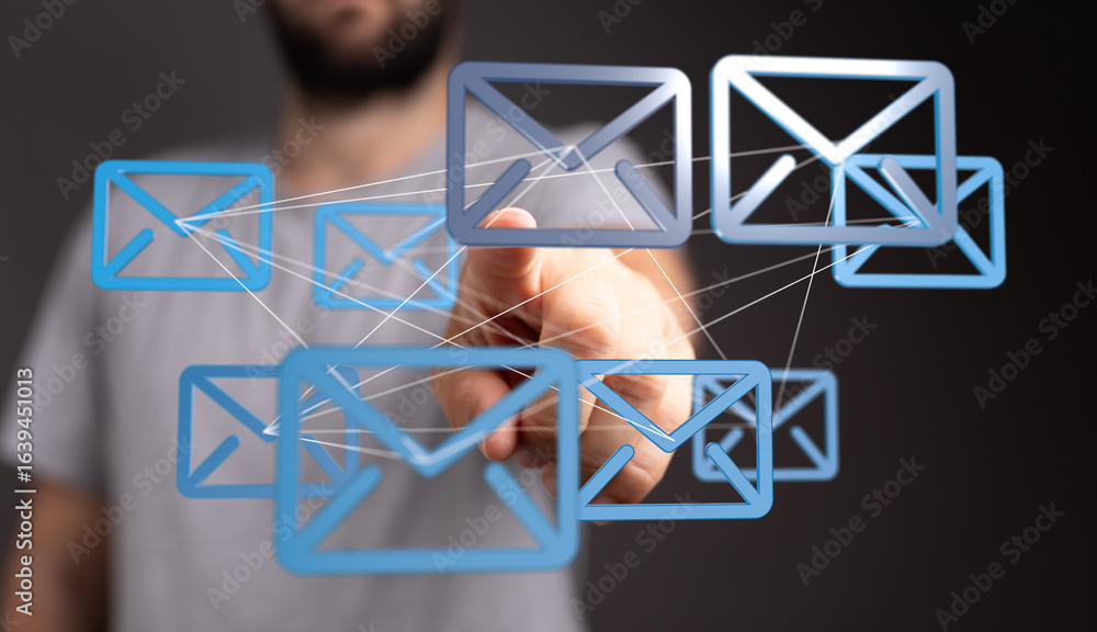 Poster concept image of interconnected emails, illustrating global communication and network.