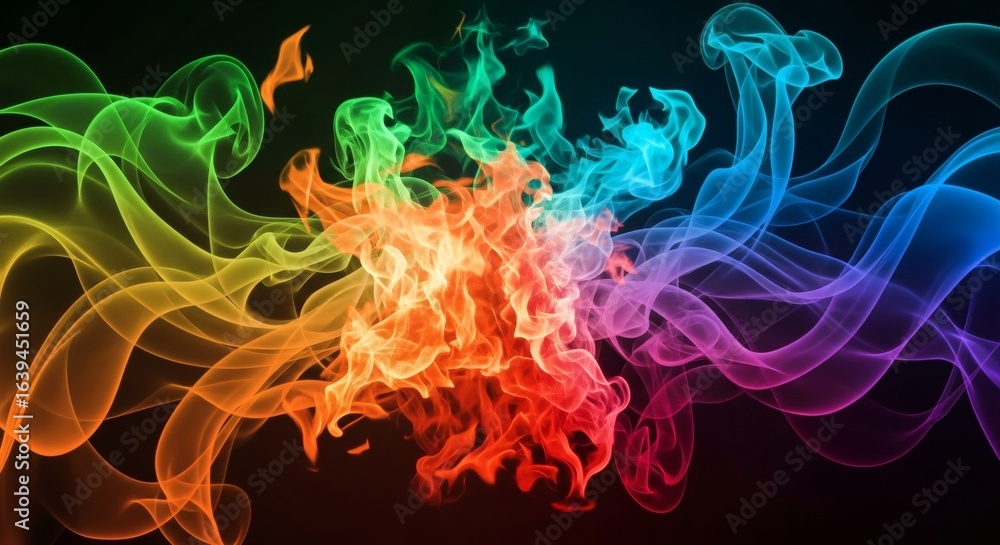 Poster dynamic rainbow smoke waves: vibrant spectrum of colors in abstract ethereal swirls on dark backgrou