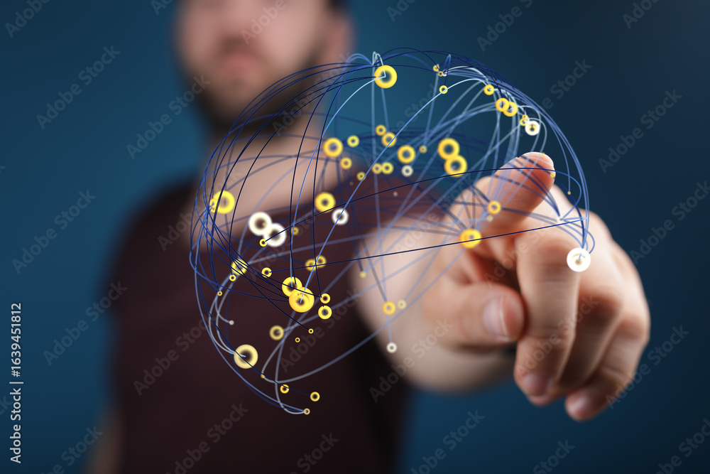 Poster man interacts with a digital network, representing connection and global communication.