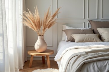 Cozy bedroom with pampas grass in vase and neutral tones