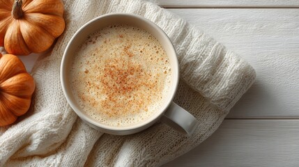 Warm pumpkin spice latte served with small pumpkins on a cozy knitted blanket during autumn season