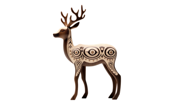 Wooden Deer Figurine with Intricate Black Patterns