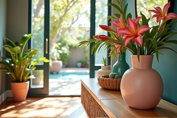 Fototapeta premium Sunlit room with vibrant pink lily bouquet and poolside view