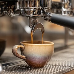Espresso poured into a ceramic cup, cafe