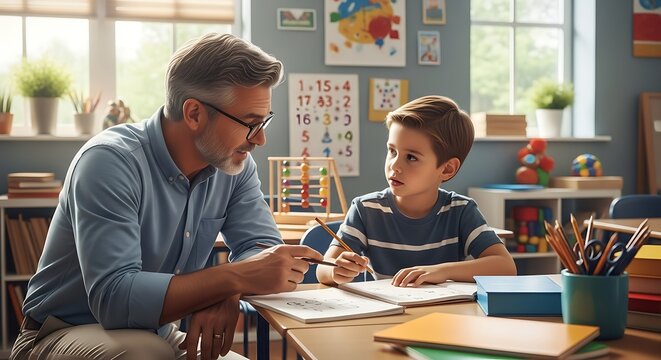 Photo of a male teacher patiently helps a young student with his schoolwork in a bright classroom setting - Powered by Adobe