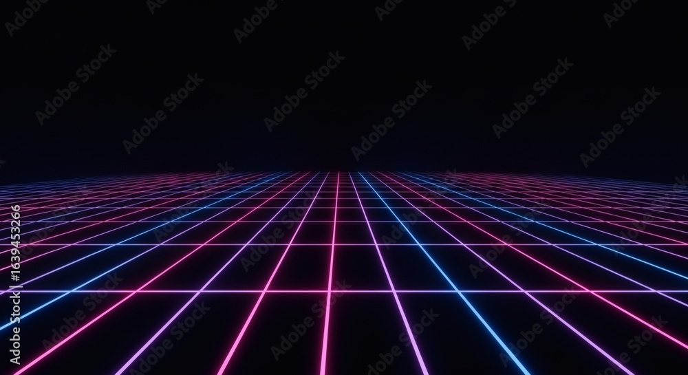 Poster vibrant retro-futuristic neon grid with perspective lines on dark background. abstract digital cyber