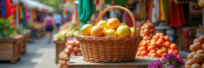 Basket of mangoes in vibrant outdoor market surrounded by fresh produce