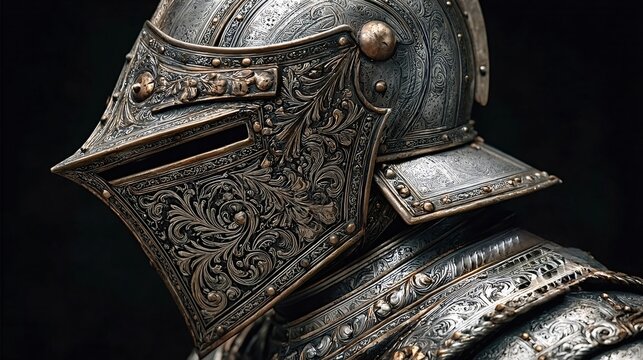 Intricate floral engravings adorn a gleaming suit of medieval armor, capturing the craftsmanship and artistry of a bygone era against a dark backdrop - Powered by Adobe
