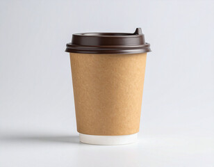 Isolated image of a brown cardboard hot drink cup with a dark brown plastic lid. The cup has double walls for thermal insulation. The image is on a neutral, light background, which emphasizes its mini