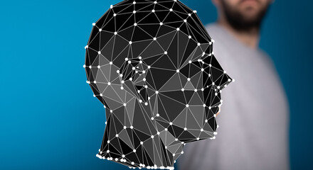 Abstract polygonal head.  Concepts: AI, technology, data, future, innovation.