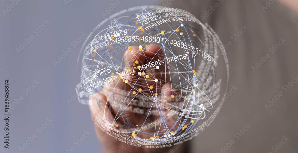 Poster hand interacts with a digital sphere showing internet data and connections.