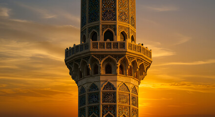Detailed mosque minaret against sunset sky