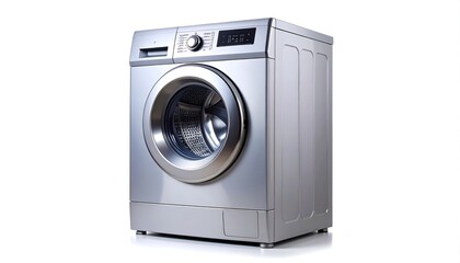Modern silver washing machine on a white background.