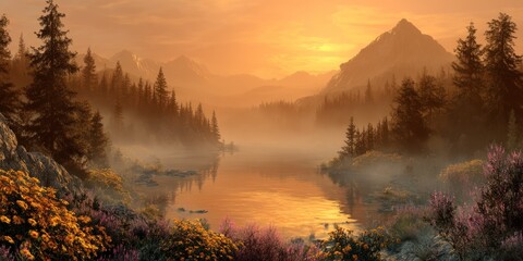 A crystal-clear lake glowing with orange sunrise, surrounded by misty pine mountains and flowers ultra-detailed
