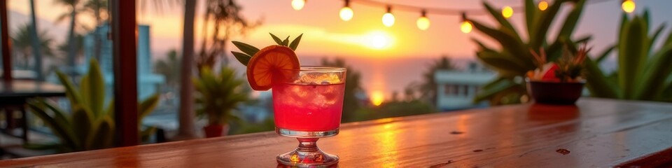 Tropical sunset view with refreshing cocktail on wooden bar table