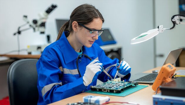 Focused Female Technician Soldering a Circuit Board