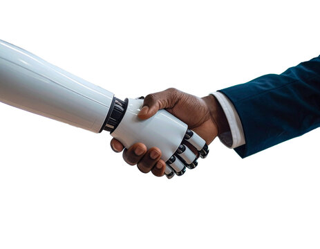 A close-up of a handshake, with one hand belonging to a human and the other to a robot. The human hand is dark-skinned and dressed in a business suit. The robot hand is white, with clearly defined joi