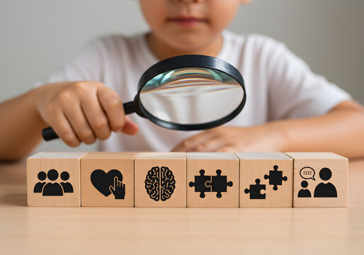 ssessing soft skills and human potential. A child analyzes icons for teamwork, empathy, and problem-solving on wooden blocks. A concept for talent development and emotional intelligence.