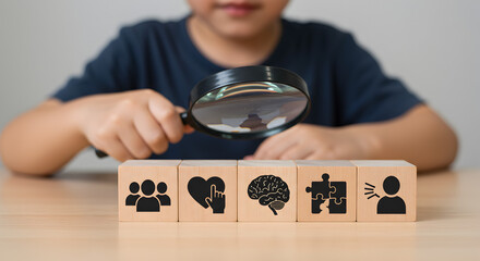 Child with a magnifying glass examining wooden blocks with icons for soft skills like teamwork, empathy, and communication. A concept for emotional intelligence (EQ) and personal development.