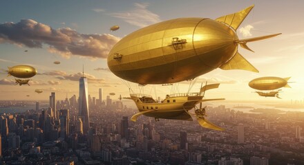 Golden airships navigate above the metropolis in retrofuturistic style