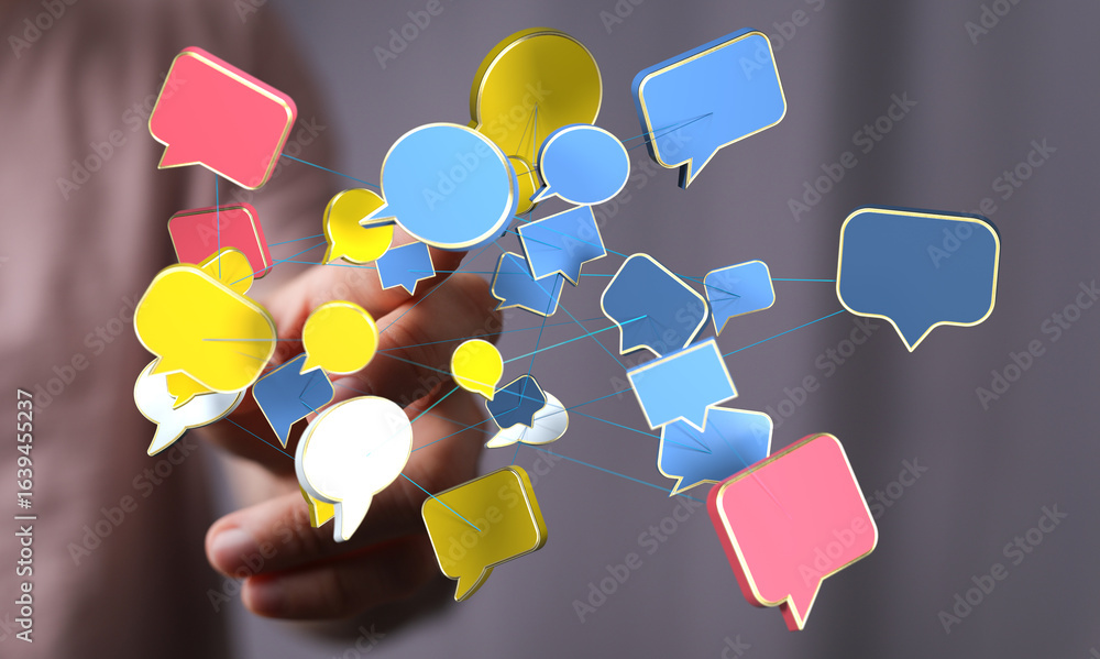 Poster abstract image of interconnected speech bubbles, symbolizing global communication and networking.
