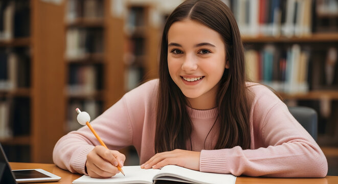 Smiling girl student studying in library happy learning education knowledge books research teen girl