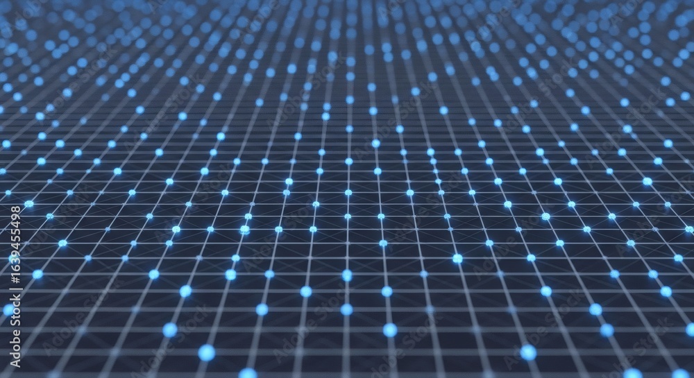Poster abstract digital grid background with glowing blue dots and perspective – data network and technolog