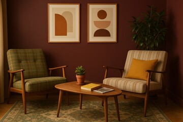 Cozy Mid-Century Modern Living Room Scene with Two Armchairs, Coffee Table, Artwork, and Plant