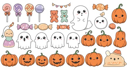 Kawaii Cartoon Halloween Collection: Illustration features cute ghosts, pumpkins, candy. Perfect for children's books, stickers, festive branding.