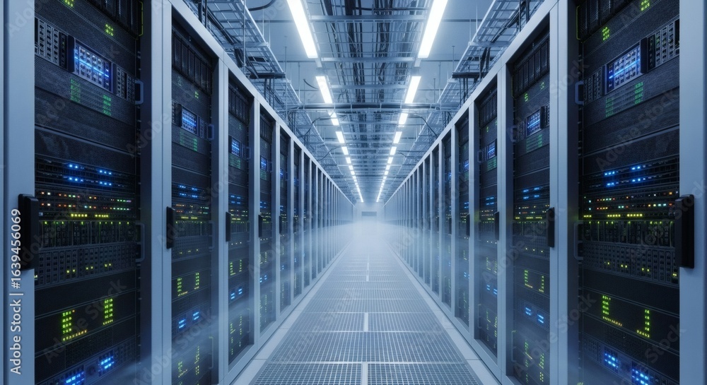 Poster modern data center corridor with illuminated server racks. cloud computing and network infrastructur