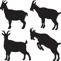 Four Black Goat Silhouettes in Various Poses on White Background animal