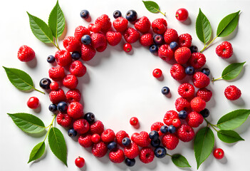 (Juicy berries and green leaves arranged in a neat circular composition with soft shadows and bright accents