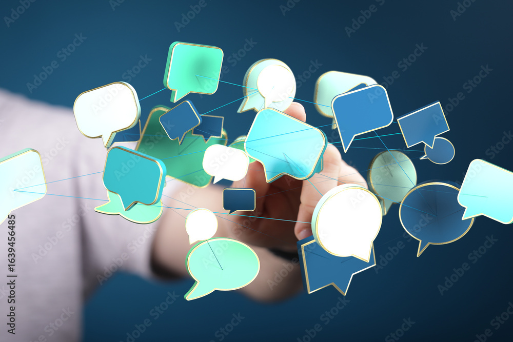 Poster abstract image of interconnected speech bubbles, representing global communication and networking.