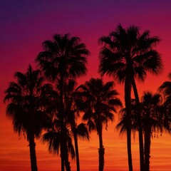 Obraz premium Vibrant sunset silhouettes palm trees tropical beach